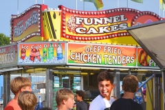 A group of boys line up for a ride at the fair with a colorful carnival food booth in the background.